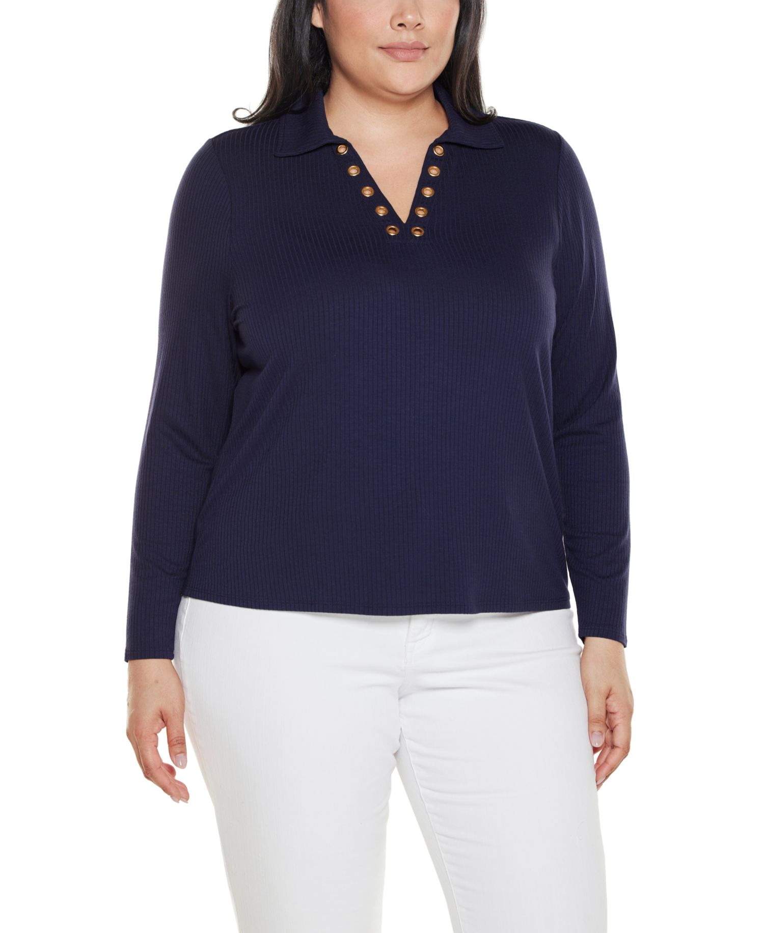 Plus Grommet-Trim Split-V Knit Top