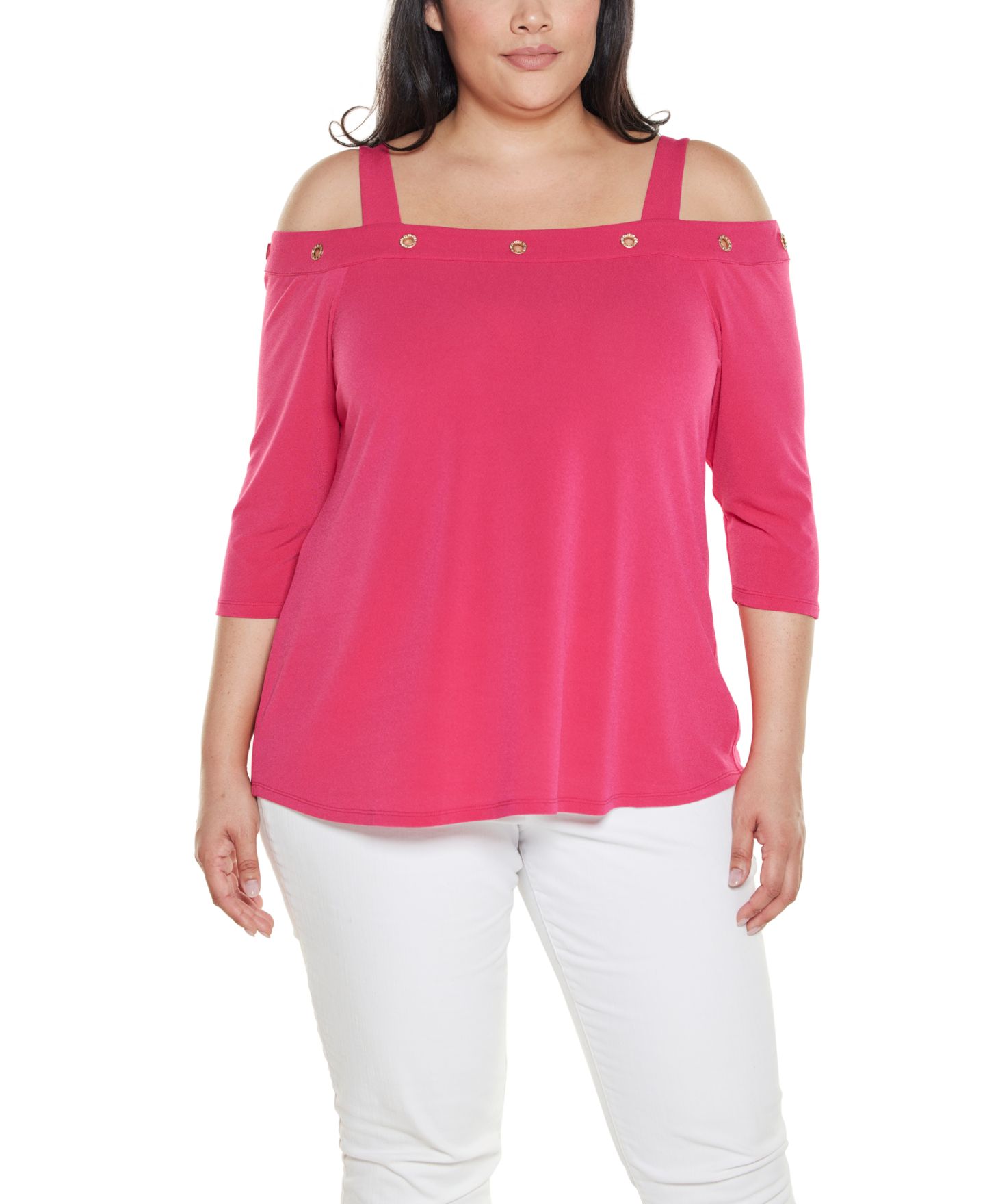Женский топ Belldini Plus Size Grommet-Trim Cold Shoulder, цвет: Azalea / Золотой — фото 1