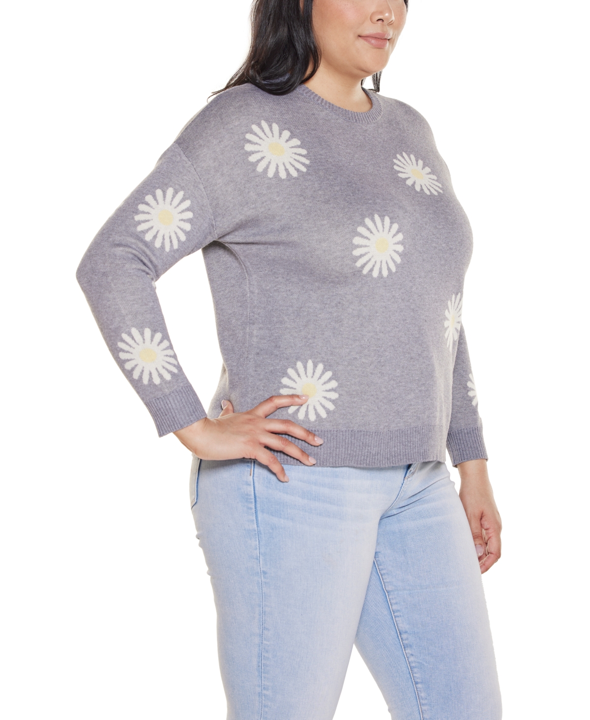 Belldini Plus Jacquard-Flower Crew Neck Sweater