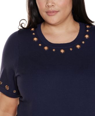 Plus Size Grommet-Detail Crew-Neck Sweater