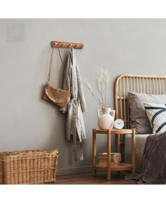 Teak Wood 5-Hook Wall Rack, Stainless Steel Hooks, 6kg Load, Easy Install