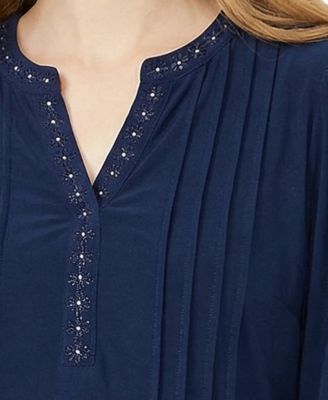 Petite Long-Sleeve Pleat Front Roll Tab Top