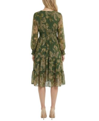 Petite Long-Sleeve Clip Dot Chiffon Dress With Smocked Waist and Cuffs