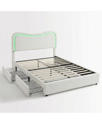 Queen Boucle Upholstered Bed with Storage Drawers, LED Headboard, No Box Spring