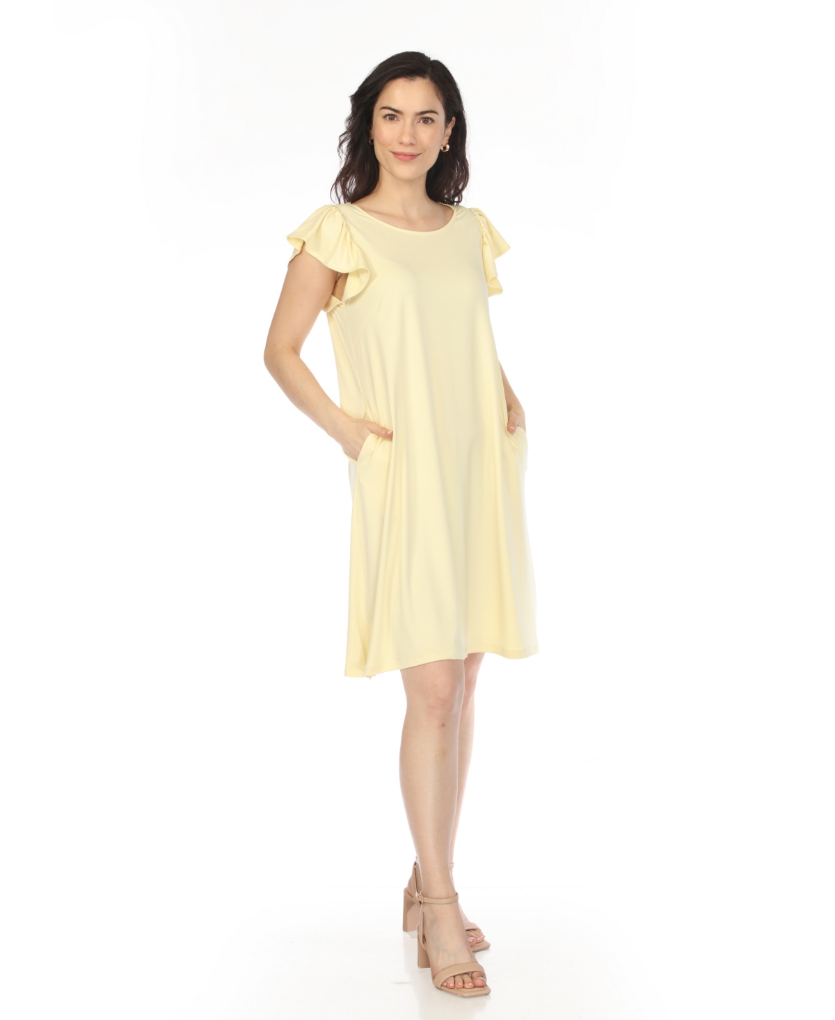 White Mark Women's Crew Neck Ruffle Sleeve Dress