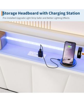 Twin Daybed with Trundle & LED Light, Metal Frame, Linen Headboard, USB Charging for Guest Room