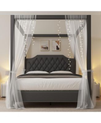 Upholstered Canopy Bed Frame Queen Size with headboard, Button Tufted, Nailhead Trim Design, No Box Spring Required