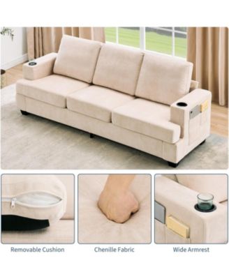 89-Inch Modern 3-Seater Sofa Couch with Cup Holders and Side Storage Pockets, Comfy Couches with Deep Seat for Living Room Apartment Lounge