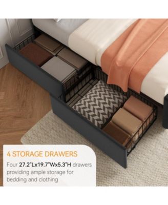 Bed Frame with 4 Storage Drawers and Headboard, Linen Upholstered Platform Bed Frame