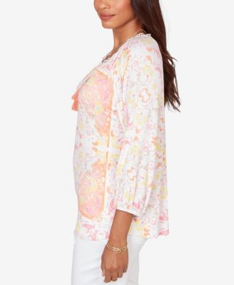 Petite Tapestry Print Drawstring Peasant Top