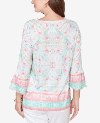Petite Scalloped Neck Tapestry Print Knit Top