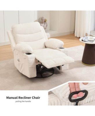 Nursery Recliner Chair, Oversized Corduroy Manual Glider with 360° Swivel, Rocking, Massage & Heat