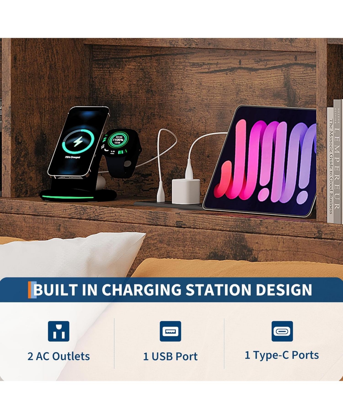 gaomon Bed Frame with High Storage Bookcase Headboard, Wood Bed Frame with 4 Storage Drawers, Built in Charging Station, No Box Spring