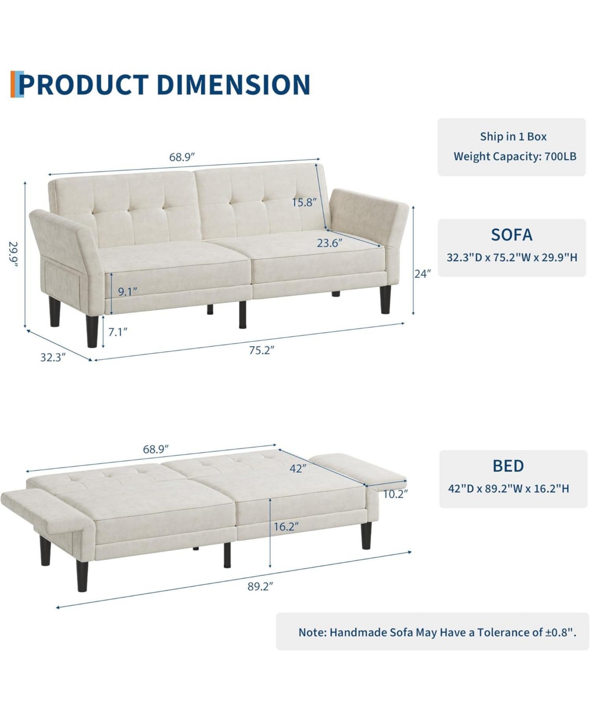gaomon 89" Futon Sofa Bed, Modern Chenille Sleeper Couch with Adjustable Backrest & Armrest