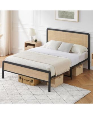 Rattan Queen Bed Frame with Cane Headboard, Boho Platform, Slat Support, No Box Spring, Easy Assembly