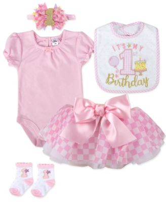 Baby Girls' Birthday Short-Sleeve Bodysuit, Tutu Skirt, Headband, Socks and Bib, 5-Piece Set