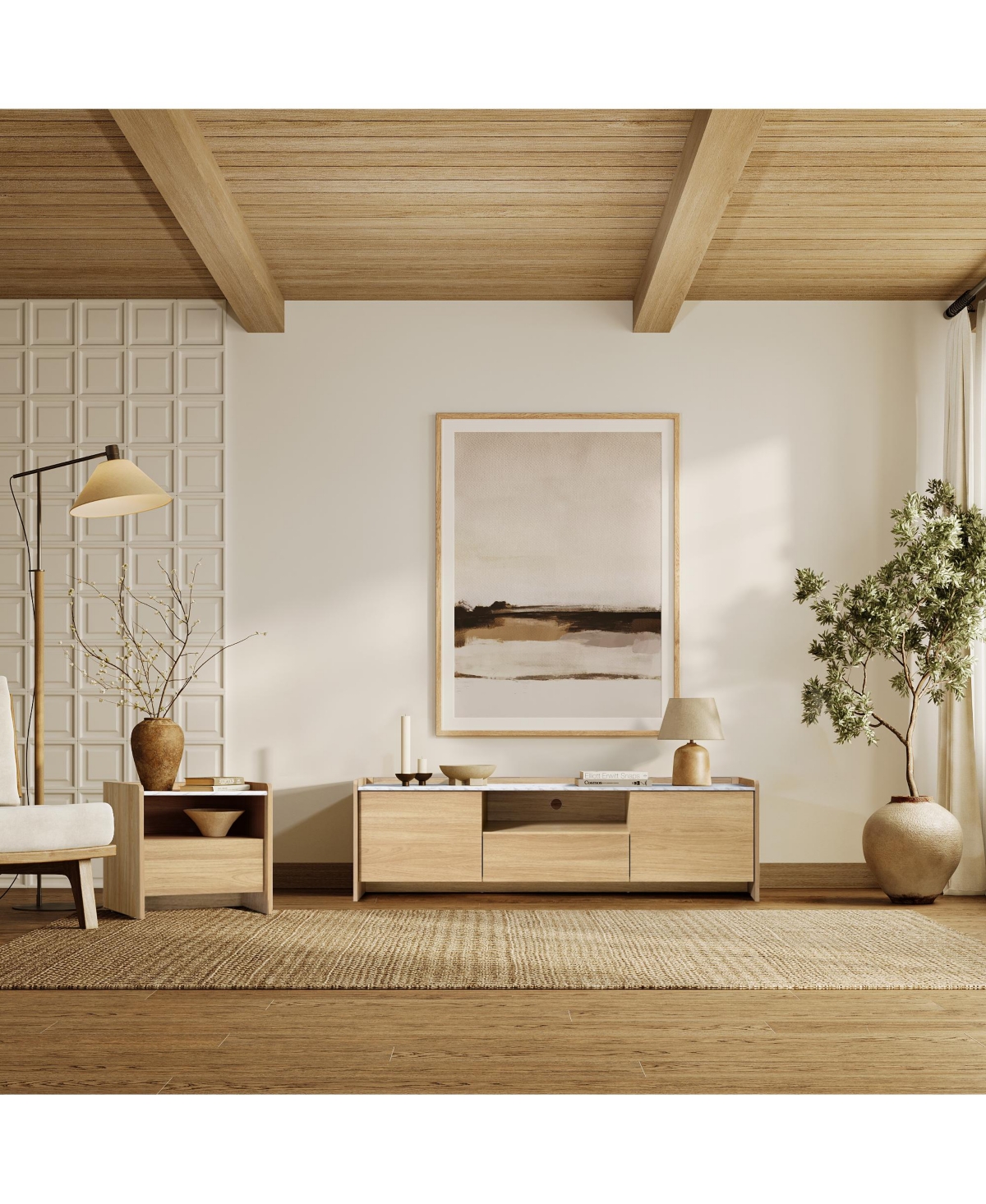 LuxenHome Hazel Oak Nightstand & End Table with Storage, Raised Sides, Faux Marble Top, Durable Manufactured Wood