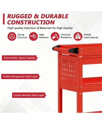 3 Tier Rolling Tool Cart with Drawer & Pegboard, 550 lbs Capacity, Easy Assembly