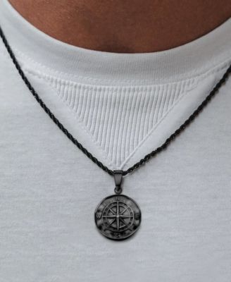 Men's Stainless Steel Black Plated Compass Coin Pendant Necklace