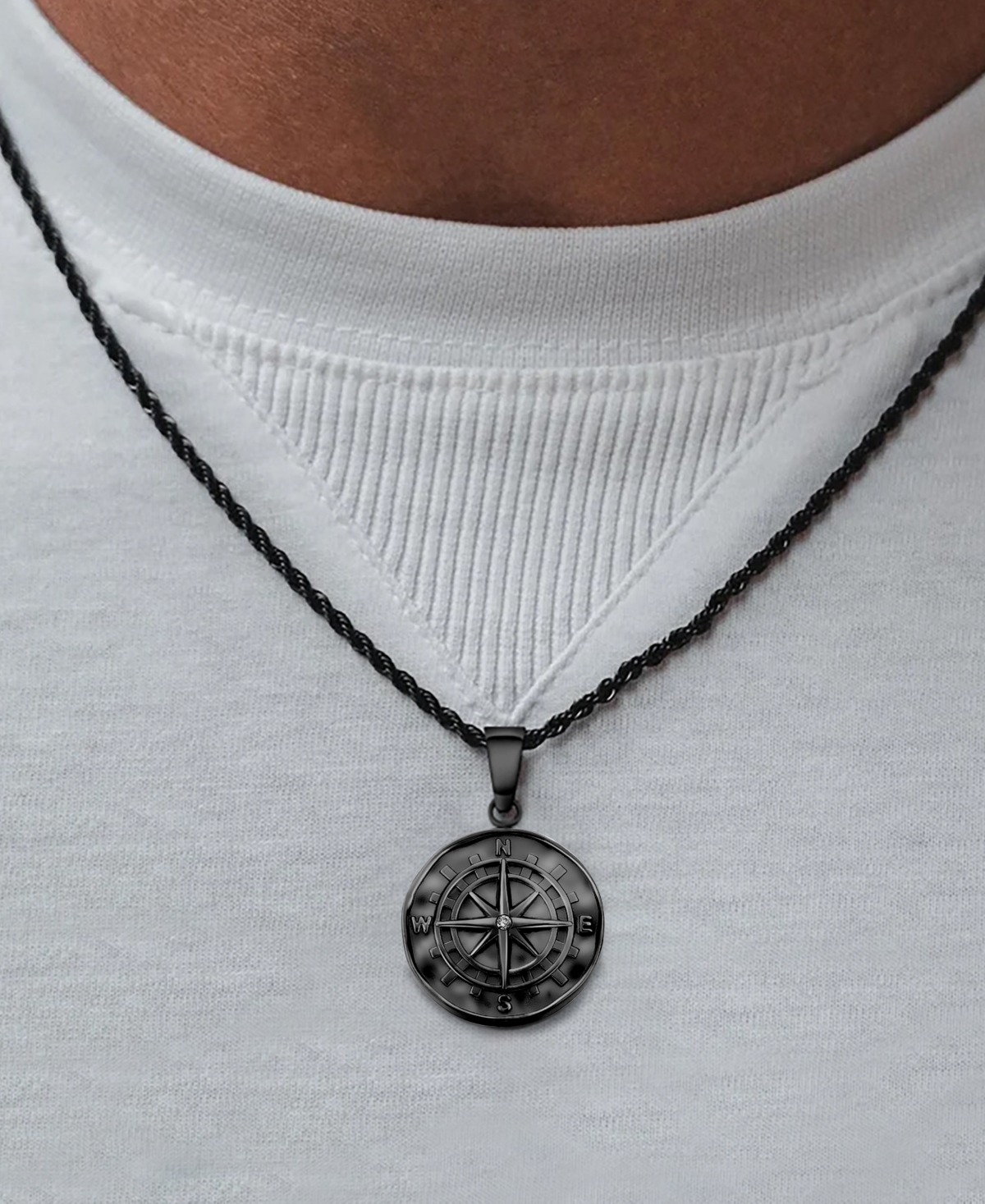 Rhona Sutton Men's Stainless Steel Black Plated Compass Coin Pendant Necklace