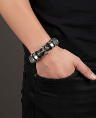 Men's Iron Crest Leather Bracelet in Stainless Steel