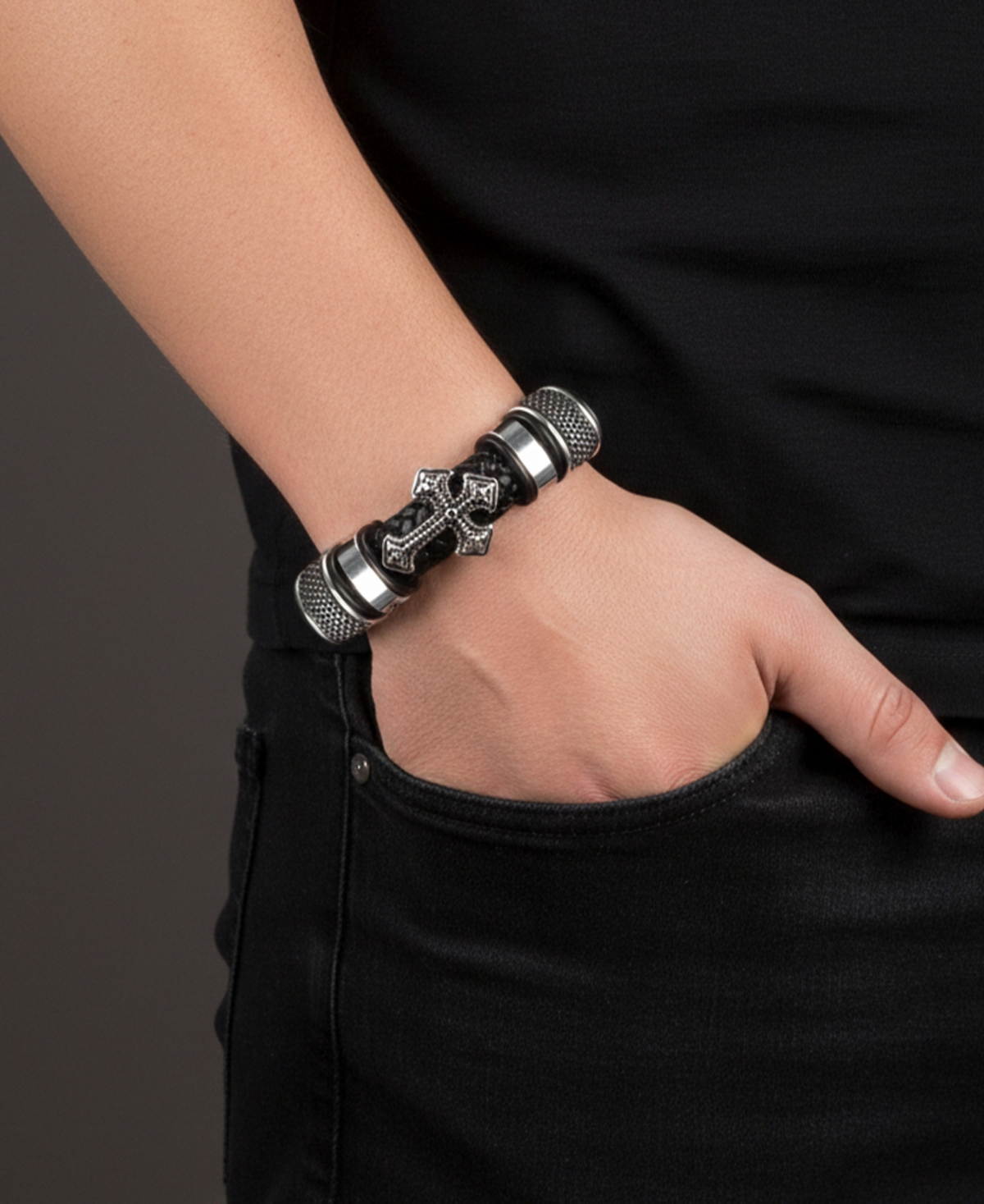 Rhona Sutton Men's Iron Crest Leather Bracelet in Stainless Steel