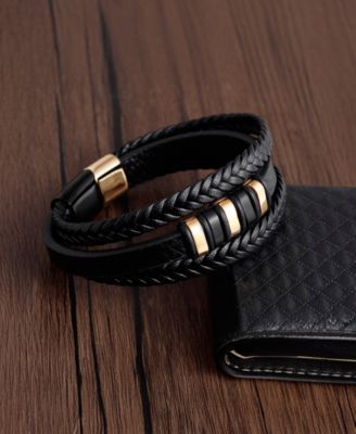 Men's Cuff Gold Plated Leather Bracelet in Stainless Steel