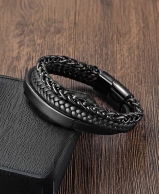 Men's Lexor Black Leather & Stainless Steel Bracelet