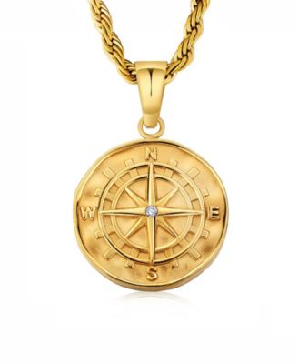 Men's Stainless Steel Compass Coin Pendant Necklace in 18k Gold Plated