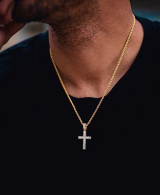Men's Iced Cross Pendant Necklace in 14k Gold Plated Sterling Silver