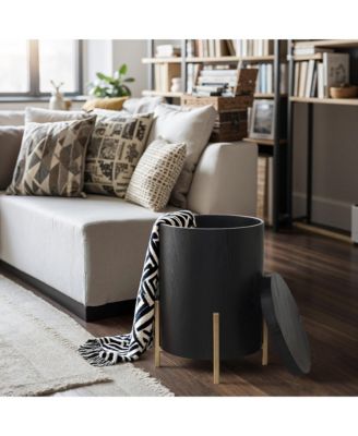 Black MDF Round Side Table, 21.8” Tall with Metal Stand & Storage