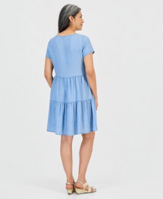 Petite Chambray Knit Tiered Dress