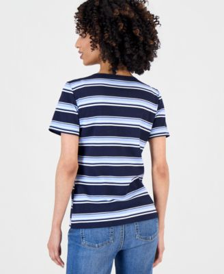 Petite Striped Lace-Up Short-Sleeve Top