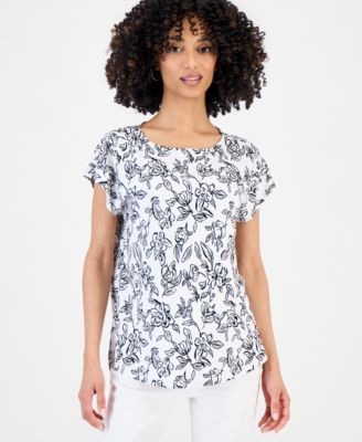 Petite Floral-Print Flutter-Sleeve Top