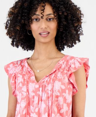 Petite Tie-Neck Pintuck-Front Ruffled Top