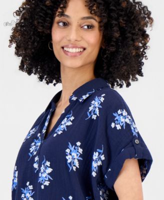 Petite Cotton Printed Collared Popover Top