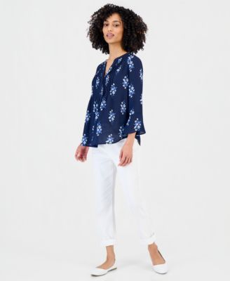 Petite Printed V-Neck Pintuck-Front Top