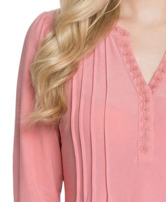 Women's Long-Sleeve Pleat Front Roll Tab Top
