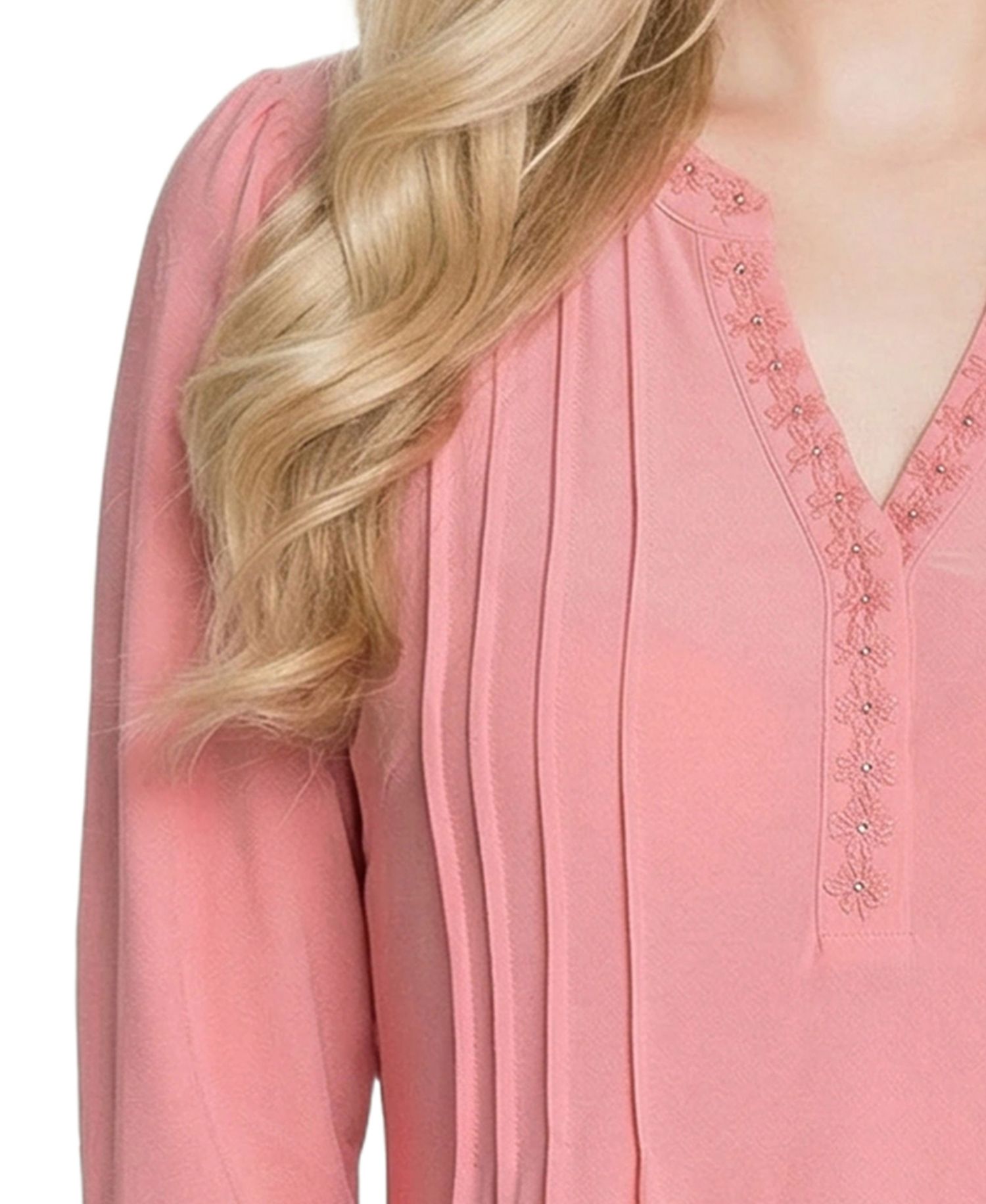 Petite Long-Sleeve Pleat Front Roll Tab Top