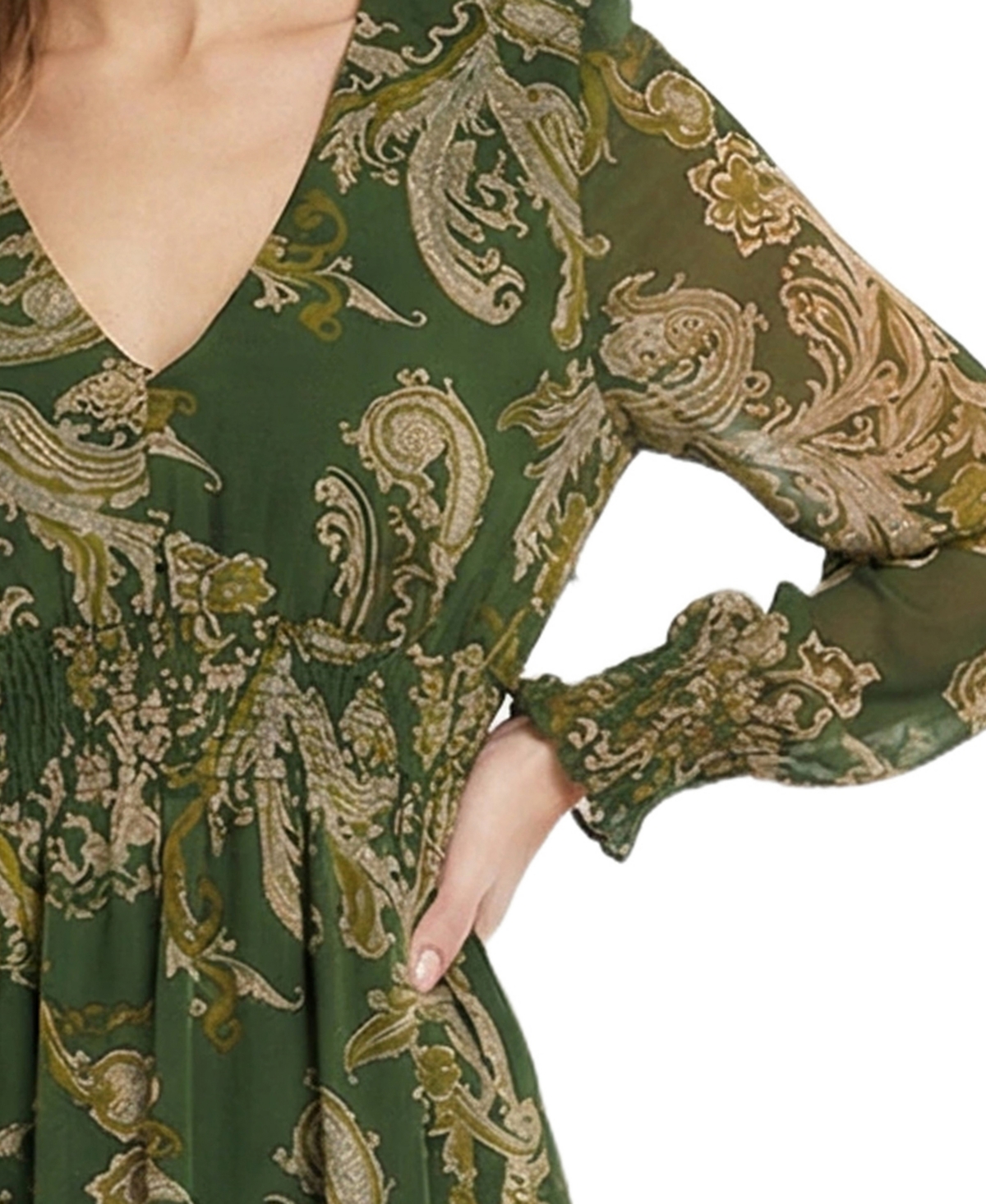 Ny Collection Women's Long-Sleeve Clip Dot Chiffon Dress with Smocked Waist and Cuffs