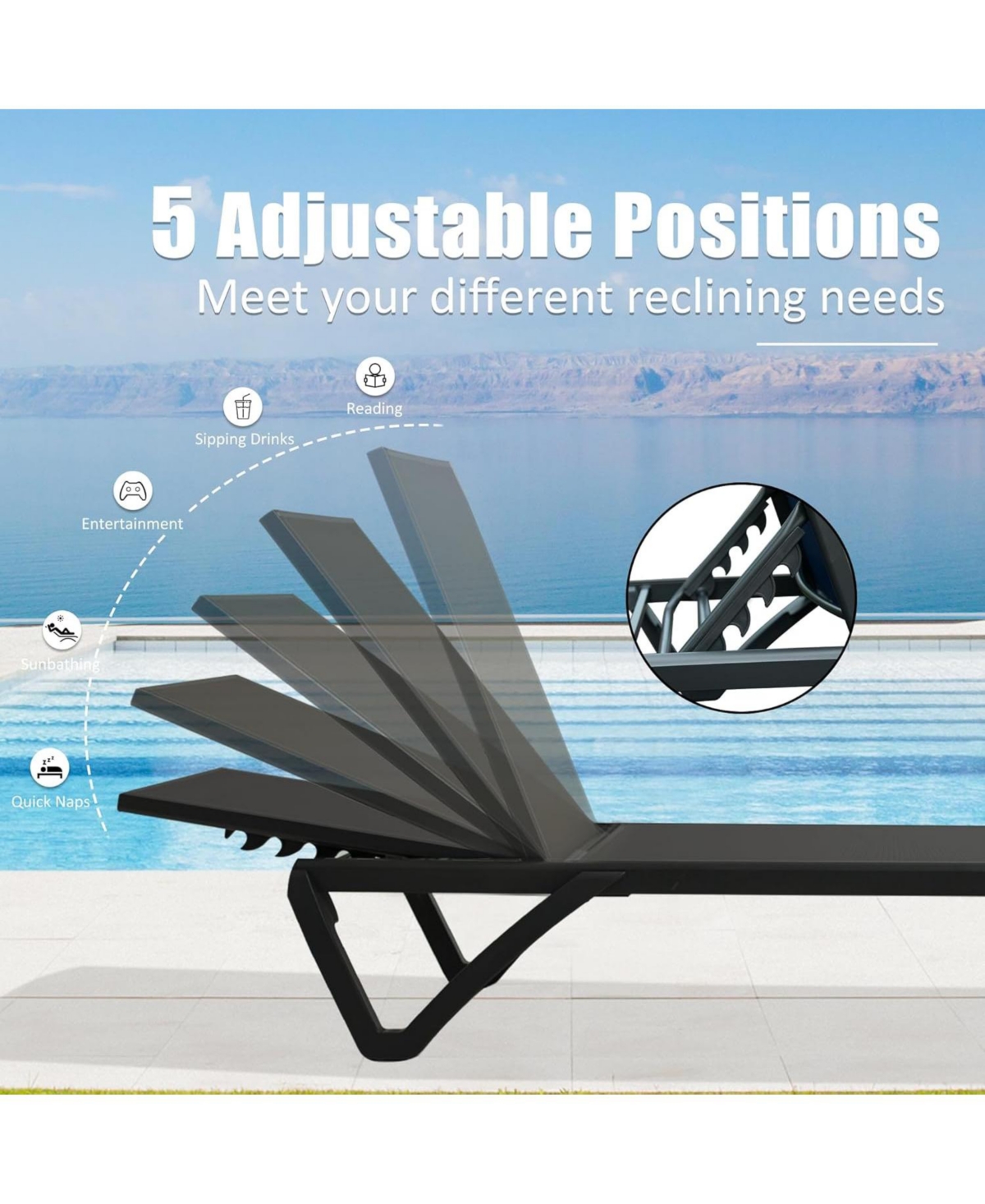 Clihome 2 Pcs Outdoor Lounge Chair, Aluminum Plastic Patio Chaise with 5 Position Adjustable Backrest and Wheels