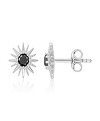 Black Spinel Starburst Stud Earrings in Rhodium Over Sterling Silver