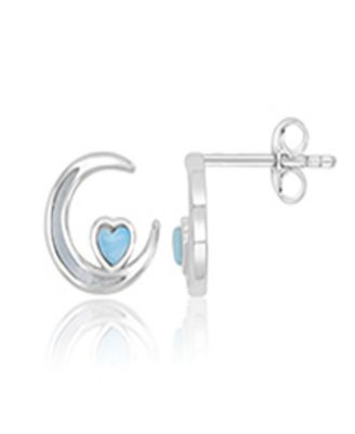 Larimar and Imitation Pearl Moon and Heart Stud Earrings in Rhodium Over Sterling Silver