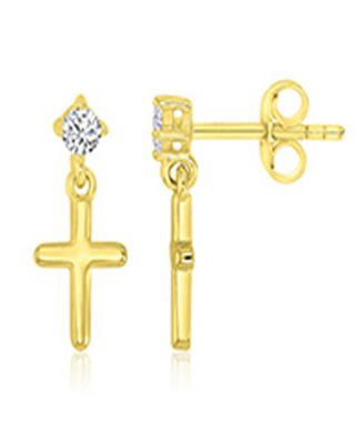 Cubic Zirconia Cross Dangling Earrings in 14k Yellow Gold Over Sterling Silver