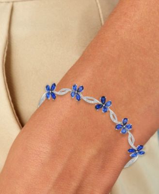 Created Blue & Ceylon Sapphire Flower Bracelet in Rhodium Over Sterling Silver