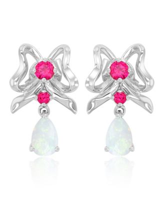 Created Opal and Ruby Dangling Earrings in Rhodium Over Sterling Silver