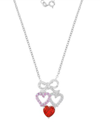 Ruby and Created White Sapphire Bow With Hearts Necklace in Rhodium Over Sterling Silver