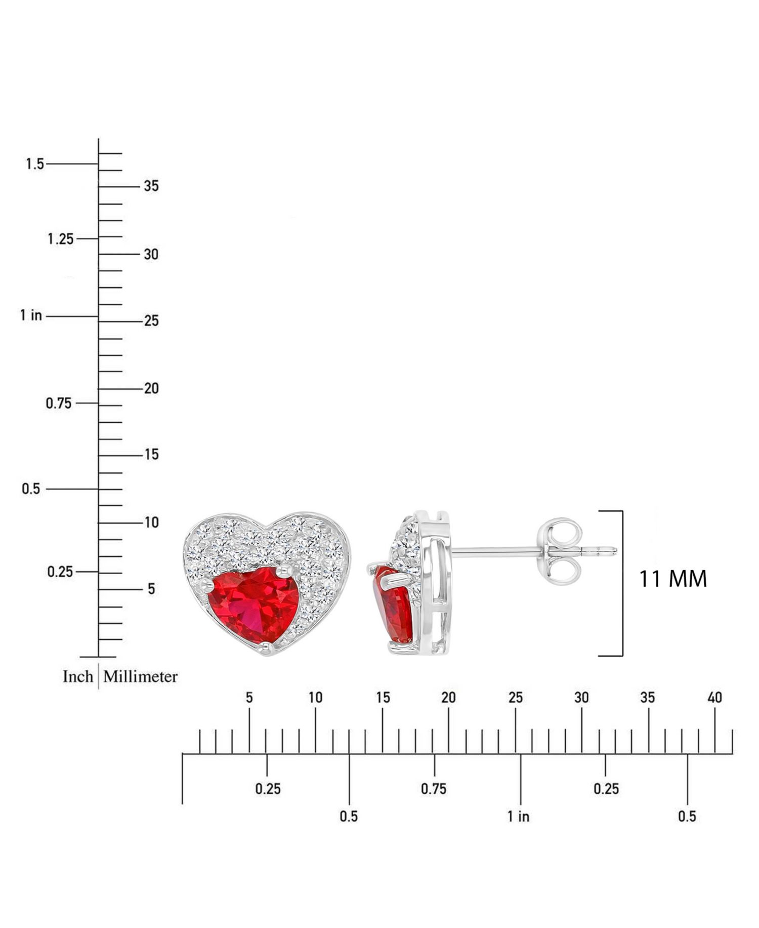 Created White Sapphire and Ruby Paved Heart Stud Earrings in Rhodium Over Sterling Silver