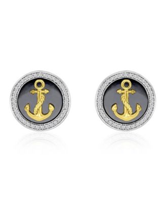 Created White Sapphire and Black Enamel Anchor Stud Earrings in 14k Yellow Gold Over Sterling Silver