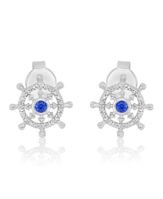 Diamond Accent & Created Blue Sapphire Rudder Stud Earrings in Rhodium Over Sterling Silver